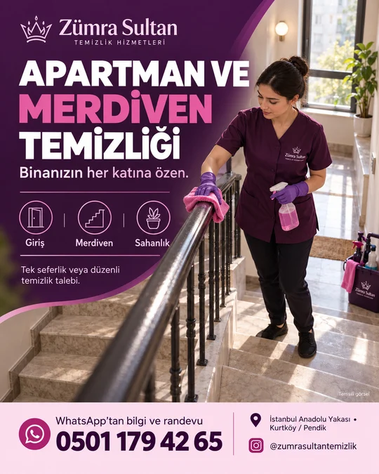 Zümra Sultan apartman ve merdiven temizliği afişi; temsili temizlik sahnesi, bilgi ve randevu: 0501 179 42 65