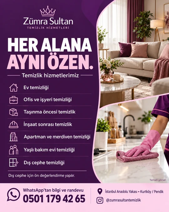 Zümra Sultan tüm hizmetlerimiz afişi; temsili temizlik sahnesi, bilgi ve randevu: 0501 179 42 65